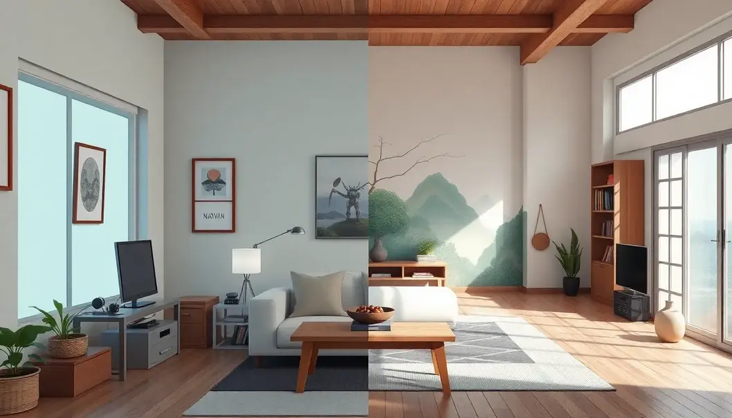 A split image comparing a mecha-themed room and a Studio Ghibli-inspired serene room, illustrating dual organizational styles.