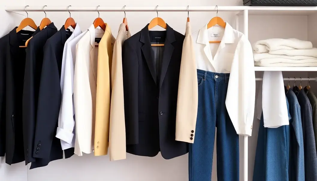 Organizing a wardrobe by sorting clothes into categories.