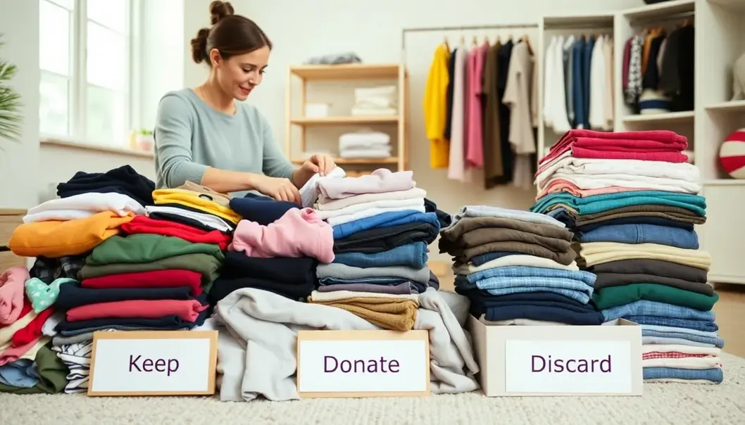 Organizing a wardrobe by sorting clothes into categories.