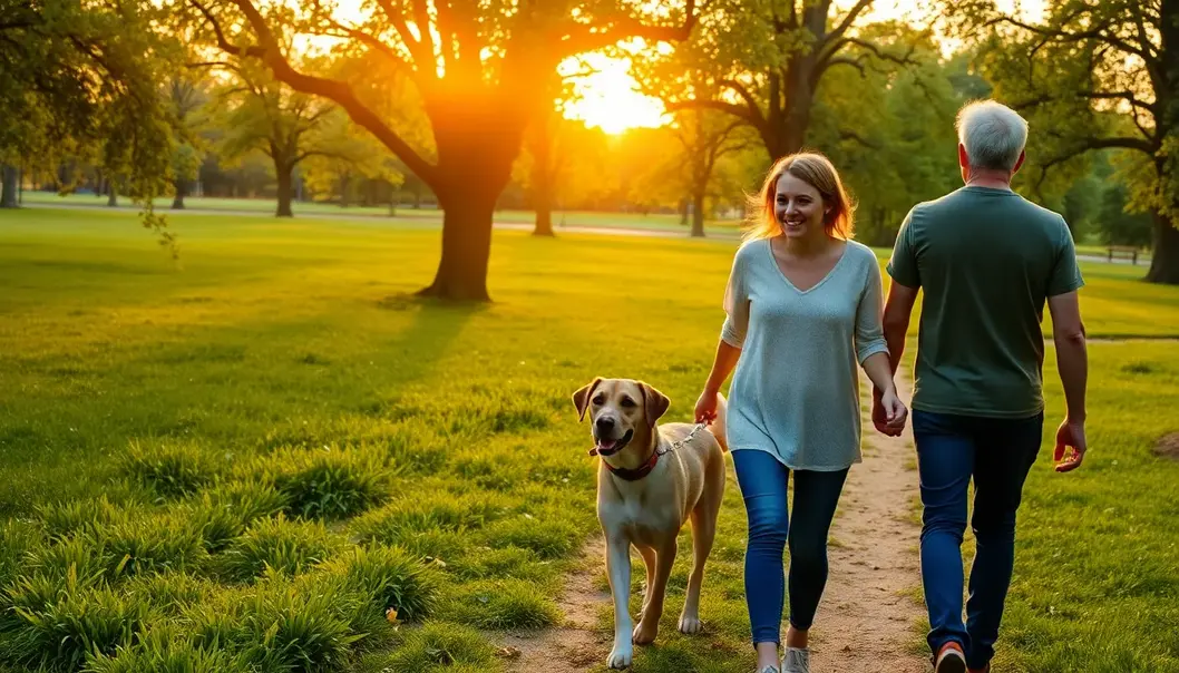 Family walking a dog in a park at sunset, showcasing harmony with nature.