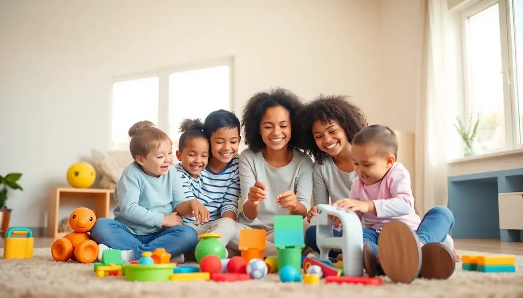 A diverse family playing with safe toys in a sunny room, emphasizing inclusivity and safety.