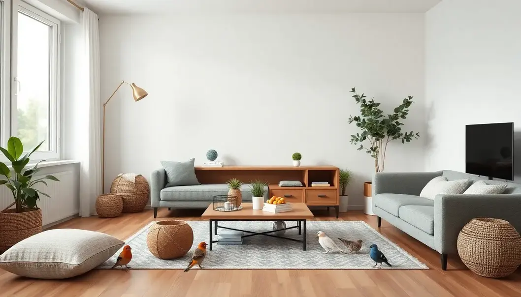 A modern living room featuring low-maintenance pets like birds and fish, set in a minimalist style.