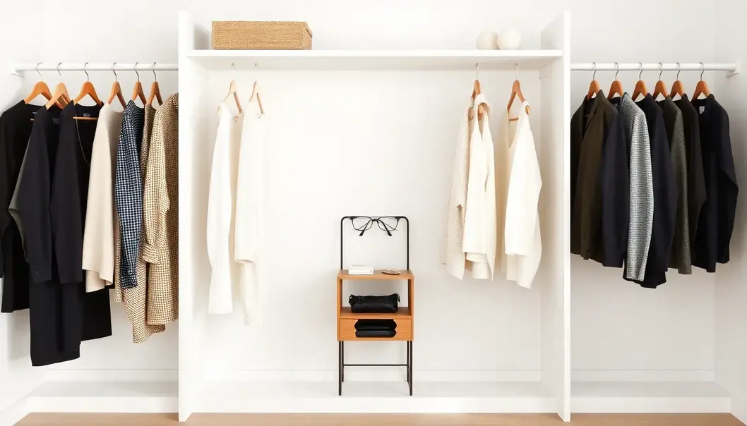 A serene and organized minimalist closet filled with neutral clothing and accessories.