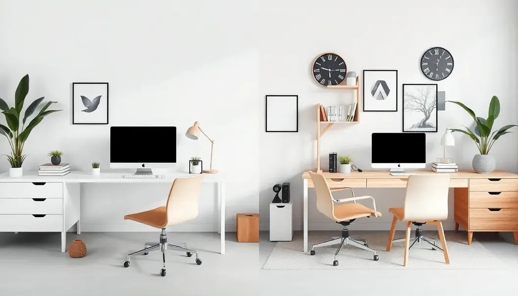 A split-screen showing minimalist vs maximalist office setups, illustrating varied accessory styles.