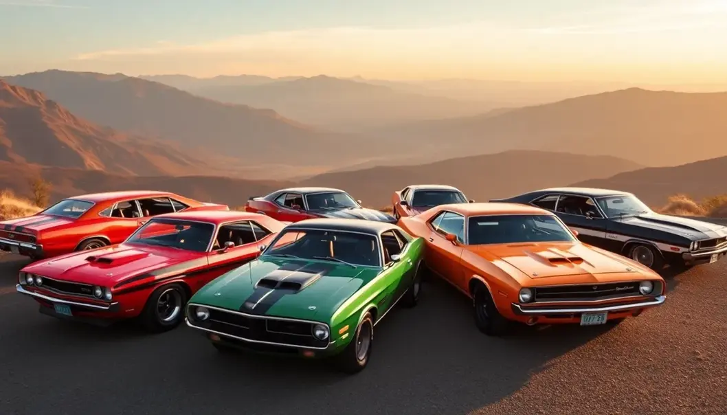 A collage of iconic muscle cars from different decades, symbolizing their evolution and diversity.