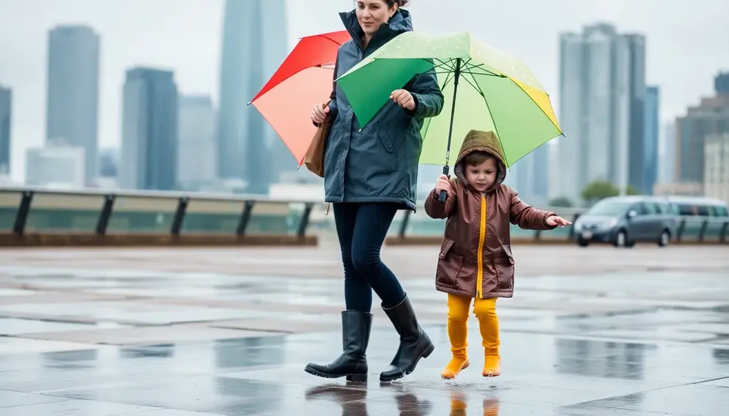 A parent staying stylish in a waterproof jacket and boots, accompanied by their playful child in the rain.