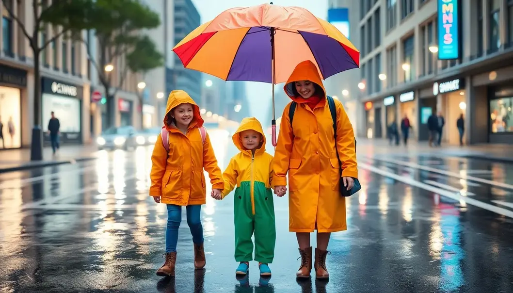 A parent and child under a bright umbrella, reflecting rain-ready fashion on a city street.