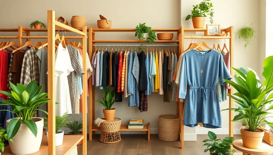 A brightly lit sustainable fashion store with eco-friendly clothing and decor.