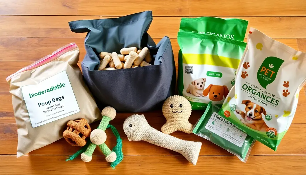 Eco-friendly pet supplies like biodegradable bags and organic food.